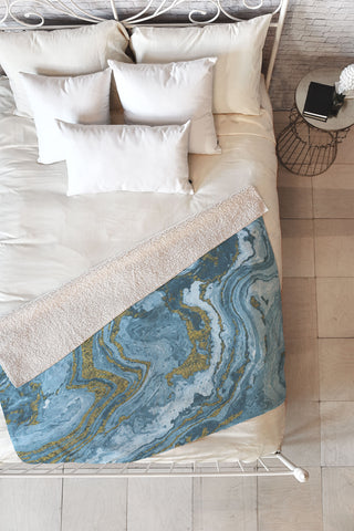 Emanuela Carratoni Gold Waves on Blue Fleece Throw Blanket