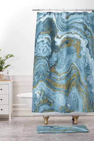 Emanuela Carratoni Gold Waves on Blue Shower Curtain And Mat