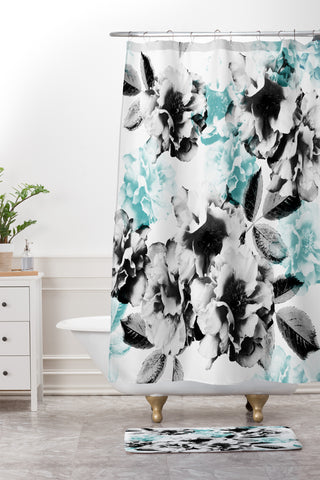 Emanuela Carratoni Gray and Blue Rose Garden Shower Curtain And Mat