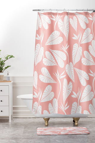 Emanuela Carratoni Tropical Leaves on Pink Shower Curtain And Mat