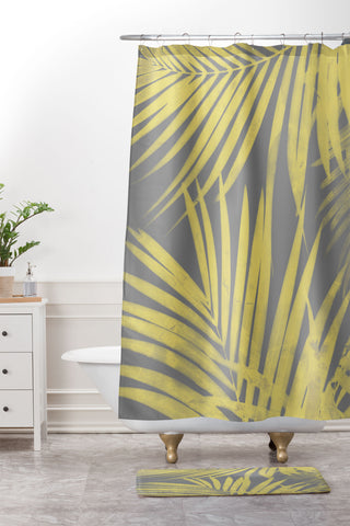 Emanuela Carratoni Ultimate Gray and Yellow Palms Shower Curtain And Mat