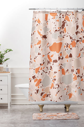 evamatise Autumn Terrazzo Pumpkin Colors and Abstract Shapes Shower Curtain And Mat