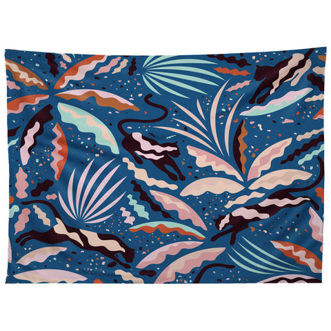 evamatise Exotic Wilderness on Blue Panthers and Plants Tapestry