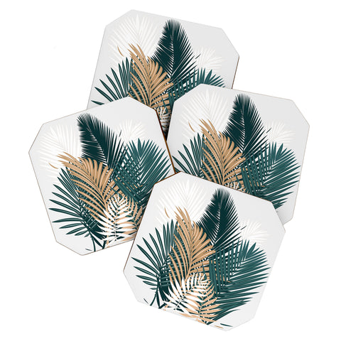 evamatise Gold and Green Palm Leaves Coaster Set