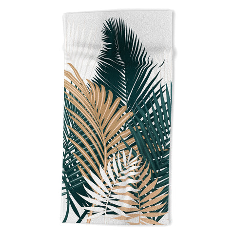evamatise Gold and Green Palm Leaves Beach Towel