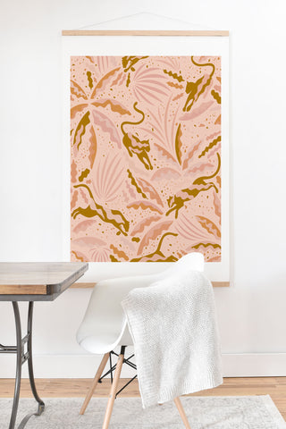 evamatise Panthers and Tropical Plants in Blush Art Print And Hanger