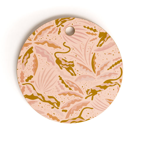 evamatise Panthers and Tropical Plants in Blush Cutting Board Round