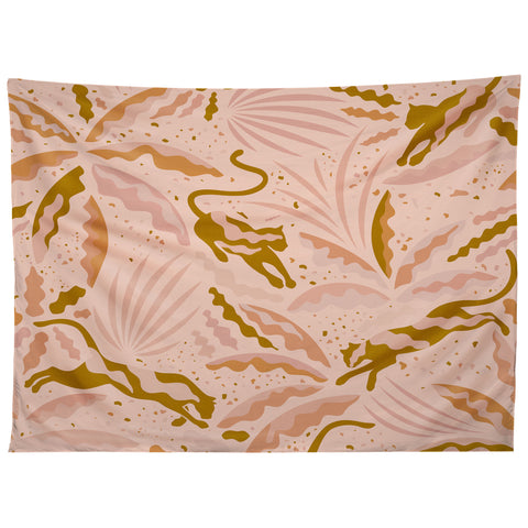 evamatise Panthers and Tropical Plants in Blush Tapestry