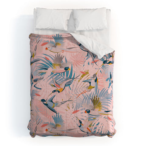 evamatise Pinky Sunny Boho Birds Pink Comforter