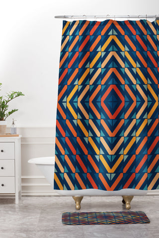 Fimbis Abstract Tiles Blue Orange Shower Curtain And Mat