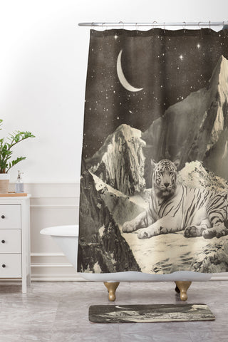 Florent Bodart Giant White Tiger on Mountains Shower Curtain And Mat