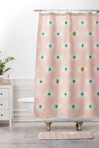 Florent Bodart Hundred Eyes Pink Shower Curtain And Mat
