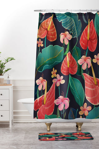 Francisco Fonseca red flowers Shower Curtain And Mat
