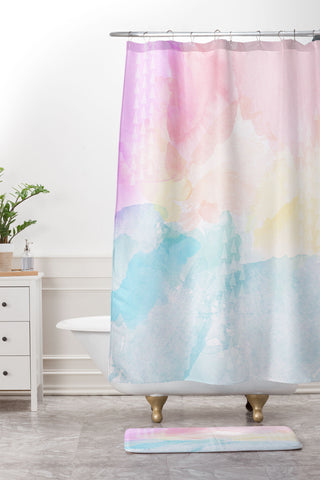 Gabi Pastel Rainbow Watercolor Shower Curtain And Mat