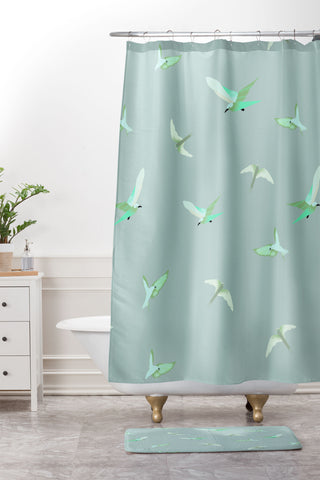 Gabriela Fuente Fly with me green Shower Curtain And Mat