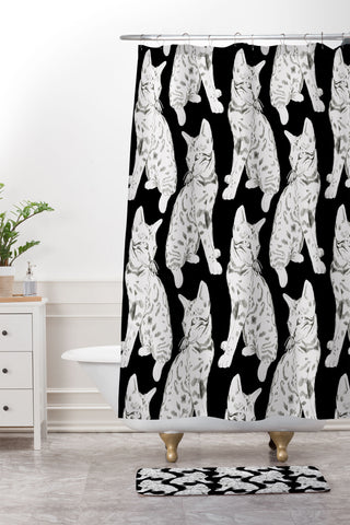 Gabriela Fuente Miaw Black and White Shower Curtain And Mat