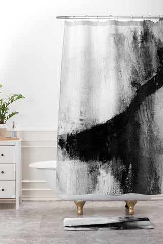 GalleryJ9 Black and White Textured Abstract Painting Delve 2 Shower Curtain And Mat