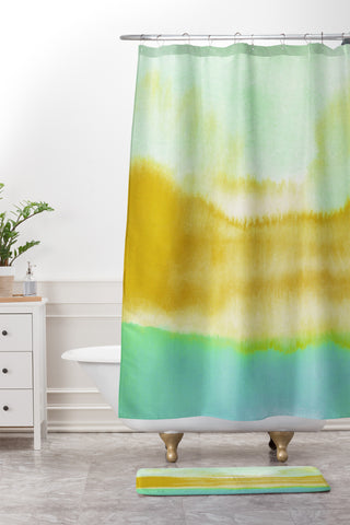 Georgiana Paraschiv Gold and Mint Landscape Shower Curtain And Mat
