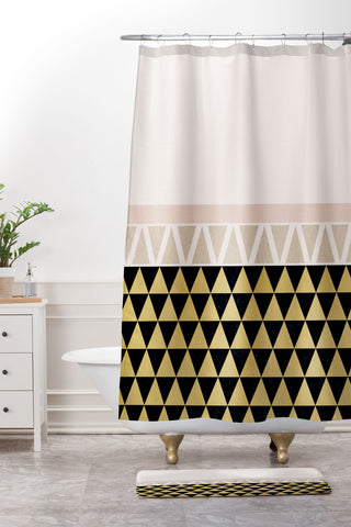 Georgiana Paraschiv Gold Triangles on Black Shower Curtain And Mat