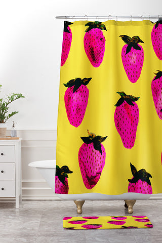 Georgiana Paraschiv Strawberries Yellow and Pink Shower Curtain And Mat