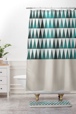 Georgiana Paraschiv Teal Triangles Shower Curtain And Mat
