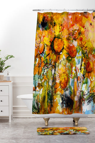 Ginette Fine Art Abstract Sunflowers Shower Curtain And Mat