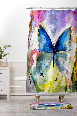 Ginette Fine Art Blue Butterfly Shower Curtain And Mat