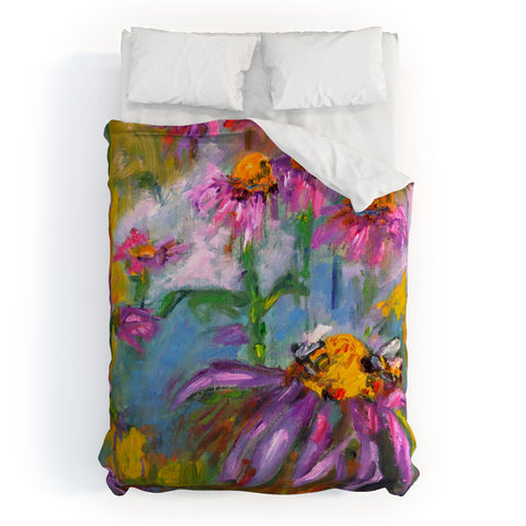 Ginette Fine Art Purple Coneflowers And Bees Duvet Cover