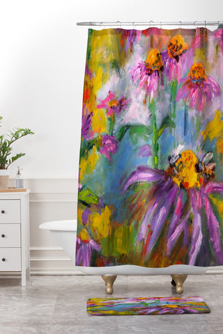 Ginette Fine Art Purple Coneflowers And Bees Shower Curtain And Mat