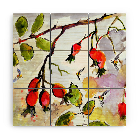 Ginette Fine Art Rose Hips and Bees Wood Wall Mural