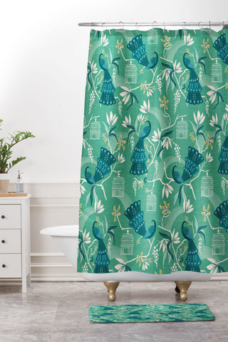 Heather Dutton Aviary Green Shower Curtain And Mat