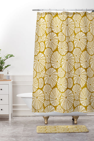 Heather Dutton Bed Of Urchins Gold Ivory Shower Curtain And Mat