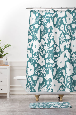 Heather Dutton Finley Floral Teal Shower Curtain And Mat