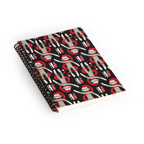 Heather Dutton Sock Monkey Santa Black Spiral Notebook