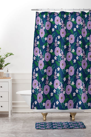 Hello Sayang Sweet Roses Navy Blue Shower Curtain And Mat