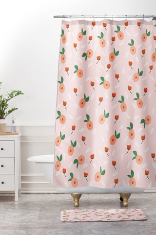 Hello Twiggs Peaches and Poppies Shower Curtain And Mat