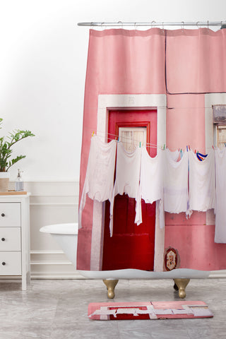 Hello Twiggs Pink House in Lisbon Shower Curtain And Mat