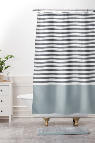 Hello Twiggs Watercolor Stripes Grey Shower Curtain And Mat