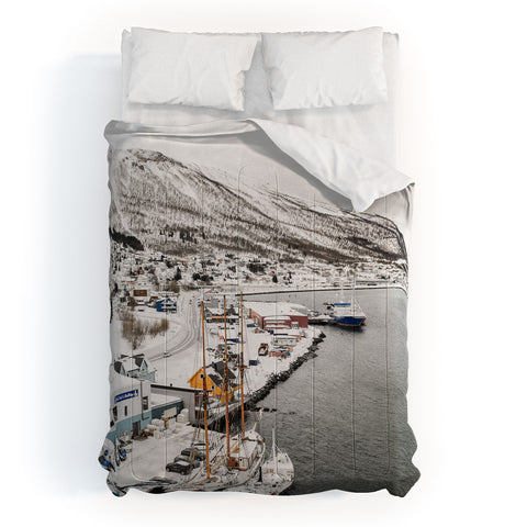 Henrike Schenk - Travel Photography Harbor In Norway Snow Photo Winter In Norway Boats And Mountains Comforter