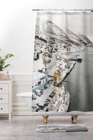 Henrike Schenk - Travel Photography Harbor In Norway Snow Photo Winter In Norway Boats And Mountains Shower Curtain And Mat