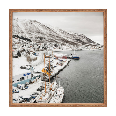 Henrike Schenk - Travel Photography Harbor In Norway Snow Photo Winter In Norway Boats And Mountains Square Tray