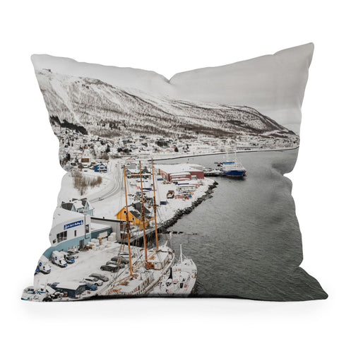 Henrike Schenk - Travel Photography Harbor In Norway Snow Photo Winter In Norway Boats And Mountains Throw Pillow