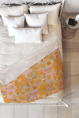 Iveta Abolina Retro Florals 70s Cream Fleece Throw Blanket