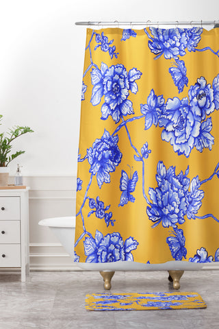 Jacqueline Maldonado Chinoserie Floral Yellow Shower Curtain And Mat