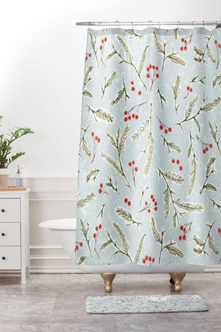 Jacqueline Maldonado Pine and Berries Cool Blue Shower Curtain And Mat