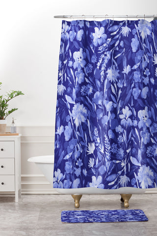 Jacqueline Maldonado Upside Floral Navy Blue Shower Curtain And Mat