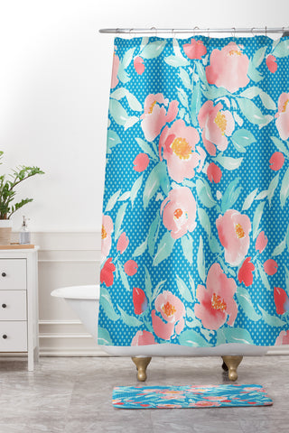Jacqueline Maldonado Watercolor Floral Dot Aqua Shower Curtain And Mat
