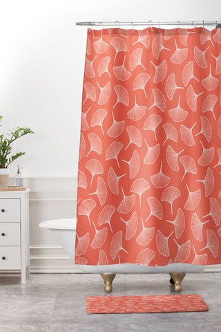 Jenean Morrison Ginkgo Away With Me Coral Shower Curtain And Mat