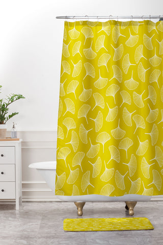 Jenean Morrison Ginkgo Away With Me Yellow Shower Curtain And Mat