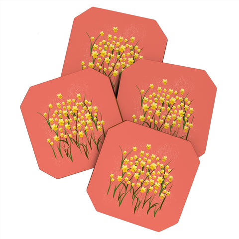 Joy Laforme Pansies in Gold and Coral Coaster Set